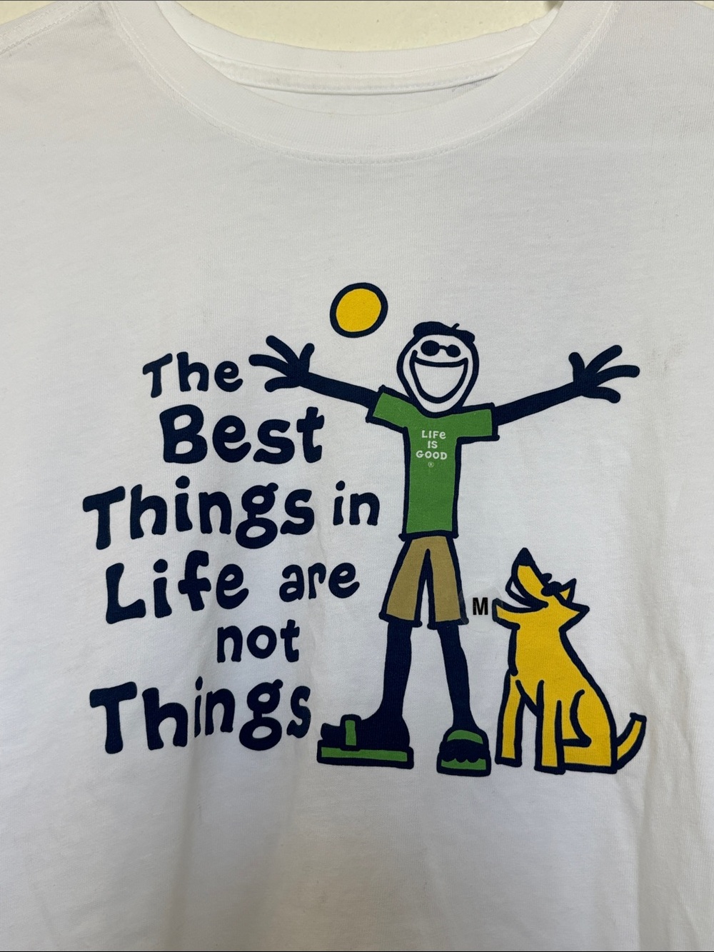 Life Is Good White Long-Sleeve Tee with Cheerful Stick-Figure & Dog Graphic